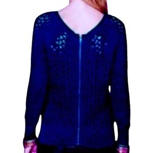 LUCKY BRAND Navy Zip-Back Open Weave Sweater